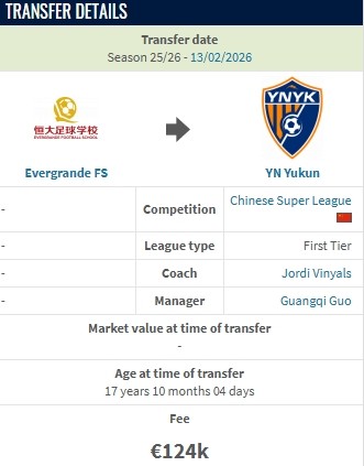  德转：云南玉昆约100万人民币从恒大足校签下布尼亚明 新闻